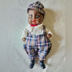 Vintage African American Porcelain Bisque Boy Doll Plaid Overalls, Hat, Unmarked